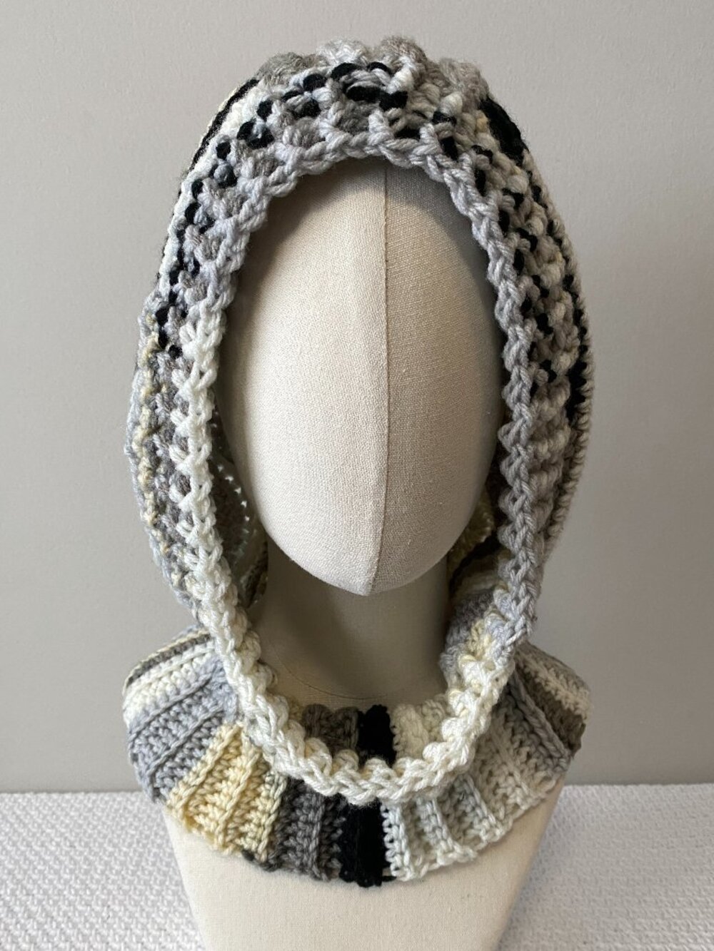 Handmade Crochet Black White Grey Light Yellow Balaclava Hood